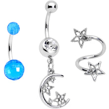 将图片加载到图库查看器，Clear Gem Star Moon Dangle Twister Blue Belly Ring Set of 3
