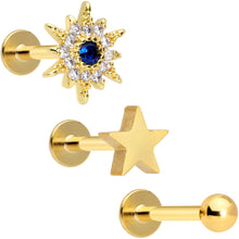 将图片加载到图库查看器，16G 5/16 Blue Clear Gem Gold Tone Star Labret Tragus Set of 3
