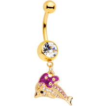 将图片加载到图库查看器，Clear Gem Gold Tone Dainty Dolphin Dangle Belly Ring
