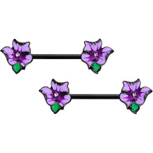 Load image into Gallery viewer, 14G 9/16 Clear Gem Black Purple Iris Flower Nipple Ring Set
