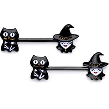 Load image into Gallery viewer, 14G 9/16 Black Cat Pretty Witch Halloween Barbell Nipple Ring Set
