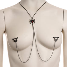 Load image into Gallery viewer, 14G 9/16 Red Gem Black Spider Web Halloween Nipple Chain Necklace
