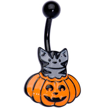 Load image into Gallery viewer, Black Gem Black Cat Surprise Pumpkin Halloween Belly Ring
