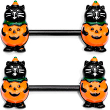 Load image into Gallery viewer, 14G 9/16 Black Cat Pumpkin Halloween Barbell Nipple Ring Set
