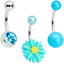 Load image into Gallery viewer, Aqua Gem Daisy Pearlescent Belly Ring Set of 3
