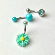 Load image into Gallery viewer, Aqua Gem Daisy Pearlescent Belly Ring Set of 3
