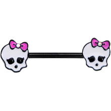 Load image into Gallery viewer, 14G 9/16 Aurora Gem Black Kawaii Skull Barbell Nipple Ring Set
