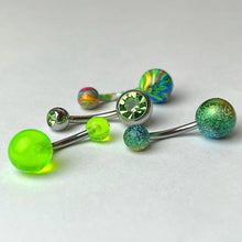 Load image into Gallery viewer, Green Gem Glow Sandblasted Multicolor Belly Ring Set of 4
