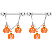 将图片加载到图库查看器，14G 9/16 Pumpkin Halloween Chain Dangle Nipple Ring Set
