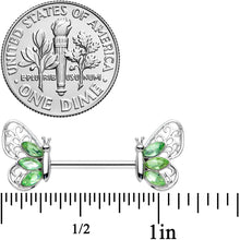 Load image into Gallery viewer, 14G 9/16 Green Gem Lacy Butterfly Barbell Nipple Ring Set

