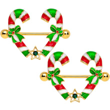 Load image into Gallery viewer, 14G 5/8 Green Gem Gold Tone Candy Cane Christmas Nipple Ring Set

