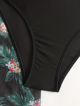 Load image into Gallery viewer, Bikini 3 Piece Tropical Print Swimsuit Set – High Stretch Comfortable Women's Bikini with Crew Neck Mesh Cover-Up – Chic Vacation Beachwear for Summer Casual Style &amp; Poolside Glamour
