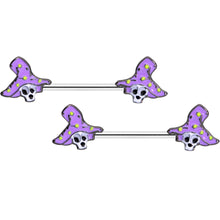 Load image into Gallery viewer, 14G 9/16 Skull Purple Witch Hat Halloween Nipple Ring Set
