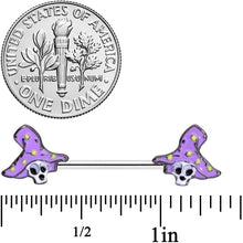 Load image into Gallery viewer, 14G 9/16 Skull Purple Witch Hat Halloween Nipple Ring Set
