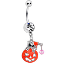 Load image into Gallery viewer, Clear Pink Gem Kitty Pumpkin Surprise Halloween Dangle Belly Ring
