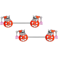 Load image into Gallery viewer, 14G 9/16 Pink Gem Kitty Pumpkin Halloween Nipple Ring Set
