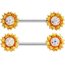 Load image into Gallery viewer, 14G 9/16 Aurora Gem Scintillating Sunflower Nipple Ring Set
