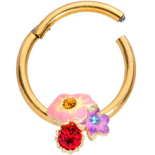 将图片加载到图库查看器，16G 3/8 Red Blue Gem Gold Tone Multi Flower Hinged Segment Ring
