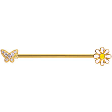 将图片加载到图库查看器，14G Clear Gem Gold Tone Butterfly Daisy `Industrial Barbell 38mm
