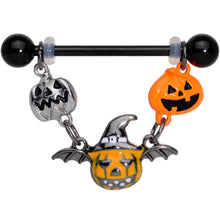 Load image into Gallery viewer, 14G 7/8 Black Pumpkin Trio Halloween Dangle Nipple Ring Set
