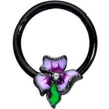 Load image into Gallery viewer, 16G 3/8 Clear CZ Gem Black Purple Iris Flower Hinged Segment Ring
