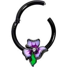Load image into Gallery viewer, 16G 3/8 Clear CZ Gem Black Purple Iris Flower Hinged Segment Ring
