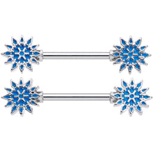 Load image into Gallery viewer, 14G 9/16 Blue Winter Snowflake Christmas Barbell Nipple Ring Set
