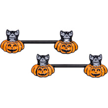 Load image into Gallery viewer, 14G 9/16 Black Cat Surprise Pumpkin Halloween Nipple Ring Set
