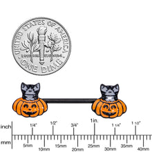 Load image into Gallery viewer, 14G 9/16 Black Cat Surprise Pumpkin Halloween Nipple Ring Set
