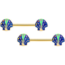 将图片加载到图库查看器，14G 9/16 Gold Tone Blue Shells Barbell Nipple Ring Set

