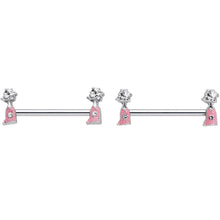 Load image into Gallery viewer, 14G 5/8 Clear Gem Pink Champagne Bottles Barbell Nipple Ring Set
