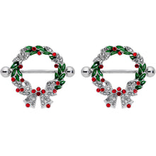 Load image into Gallery viewer, 14G 11/16 Red Green Gem Christmas Wreath Nipple Shield Set
