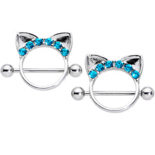 Load image into Gallery viewer, 14G 9/16 Aqua Gem Kitty Cat Ears Nipple Shield Set

