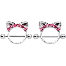 Load image into Gallery viewer, 14G 9/16 Pink Gem Kitty Cat Ears Nipple Shield Set
