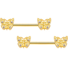 Load image into Gallery viewer, 14G 9/16 Clear Gem Gold Tone Baroque Butterfly Nipple Ring Set
