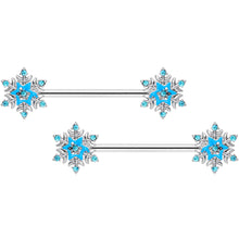 Load image into Gallery viewer, 14G 5/8 Aqua Gem Winter Snowflake Christmas Nipple Ring Set
