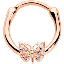 Load image into Gallery viewer, 16G 3/8 Clear Gem Rose Gold Hue Butterfly Cartilage Clicker
