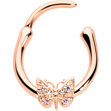 Load image into Gallery viewer, 16G 3/8 Clear Gem Rose Gold Hue Butterfly Cartilage Clicker
