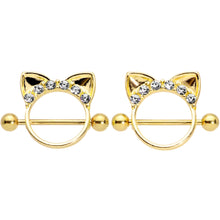 Load image into Gallery viewer, 14G 9/16 Clear Gem Gold Tone Kitty Cat Ears Nipple Shield Set
