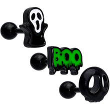 Load image into Gallery viewer, 16G 1/4 Black Ghost Boo Halloween Cartilage Tragus Curation Set of 3
