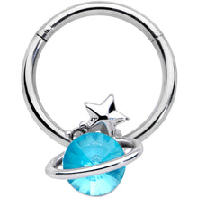 Load image into Gallery viewer, 16G 3/8 Aqua Gem Star Saturn Planet Hinged Segment Ring
