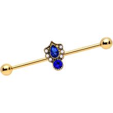 Load image into Gallery viewer, 14G Blue Gem Gold Tone Heirloom Teardrop Industrial Barbell 38mm
