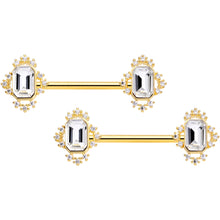 Load image into Gallery viewer, 14G 9/16 Clear Gem Gold Tone Regal Rectangle Nipple Ring Set
