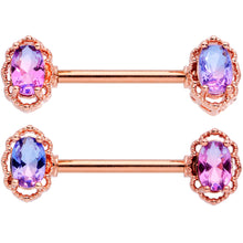 Load image into Gallery viewer, 14G 9/16 Purple Tourmaline Rose Gold Tone Nipple Ring Set
