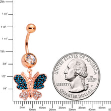 Load image into Gallery viewer, Clear Aqua Gems Rose Gold Tone Glam Butterfly Dangle Belly Ring
