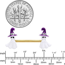 Load image into Gallery viewer, 14G 9/16 Gold Tone Ghost Witch Halloween Barbell Nipple Ring Set
