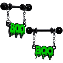 Load image into Gallery viewer, 14G 9/16 Green Spooky Boo Halloween Chain Dangle Nipple Ring Set
