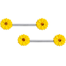 Load image into Gallery viewer, 14G 9/16 Yellow Gem Yellow Sunflower Barbell Nipple Ring Set
