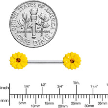 Load image into Gallery viewer, 14G 9/16 Yellow Gem Yellow Sunflower Barbell Nipple Ring Set
