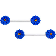 Load image into Gallery viewer, 14G 9/16 Yellow Gem Blue Sunflower Barbell Nipple Ring Set
